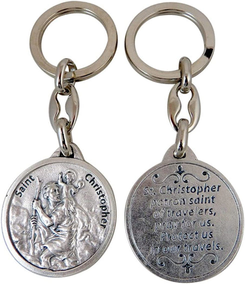 Silver Toned Base Saint Christopher Protect Our Travels Medal Keychain, 1 1/2 Inch