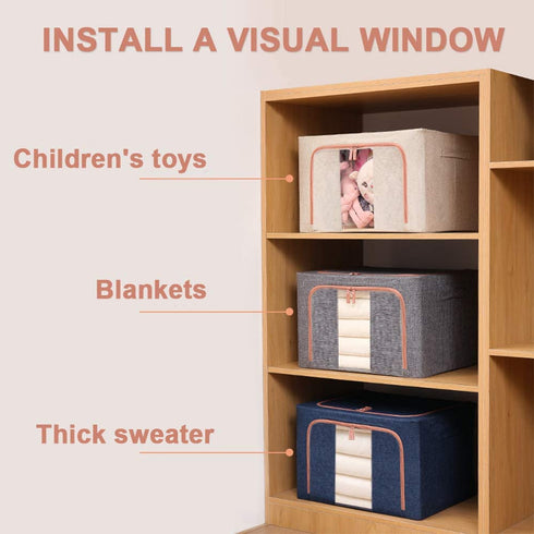 TOUCH-RICH Storage Bins Foldable with Window & Carry Handles Linen Fabric Collapsible Storage Boxes Organizer Set Stackable Containers for Home Bedroom Office Closet Nursery (Gray)