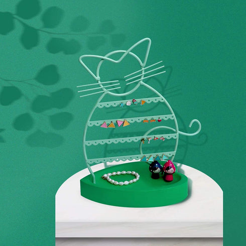 ERYTLLY Earring Holder, Cat Shaped Earring Stand with Wood Base for Girls/ Kids-47 Stud Earrings Holes (Mint Green)