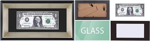 Space Art Deco, Black Dollar Bill/License Holder Frame with Silver Beveled Edge with Black Mat, Tempered Glass - Easel Stand/Wall Mount - Sawtooth Hangers (Black/Silver, 1-Pack)