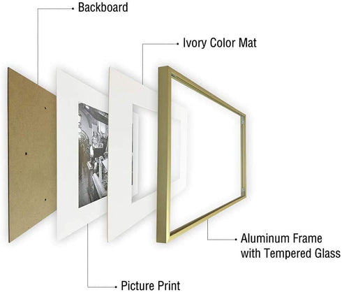 Golden State Art, 11x14 Aluminum Photo Frame with Ivory Mat for 8x10 Pictures - Sawtooth Hangers, Spring Clips - Wall Mounting - Real Glass - Metal Frame (Gold, 1-Pack)