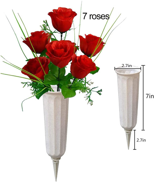 2 Sets Cemetery Flowers with vase/Grave Flowers for Cemetery/Memorial Flowers-Beautiful Arrangements for Headstones (red)