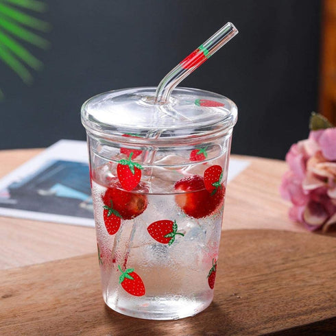 300ml Glass Water Cup with Straw and Lid, Cute Strawberry Mug Glass Milk Bottle Water Juice Smoothie Drinking Cup for Home Office School