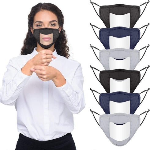 Upgraded Anti-fog 6pcs Cotton Face Covering with Clear Window- Mouth Guard Reusable Unisex Mouth Face Covers Outdoor Facial Protection Visible Expression for The Deaf and Hard of Hearing (Black,Navy &Grey)