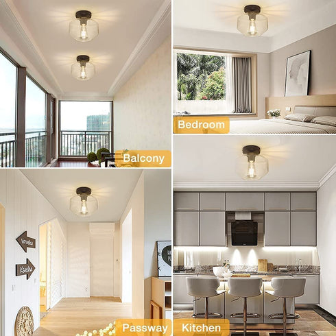 DLLT Industrial Semi Flush Mount Ceiling Light, Clear Glass Shade Ceiling Light Fixture, Farmhouse Ceiling Lighting for Hallway, Entryway, Passway, Bedroom, Corridor, Foyer (Bulb Not Included)