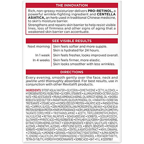L'Oreal Paris Skincare Revitalift Anti-Aging Night Cream, Face Moisturizer with Pro-Retinol and Centella Asiatica, Paraben Free, Non-Comedogenic, Suitable for Sensitive Skin, 1.7 oz.