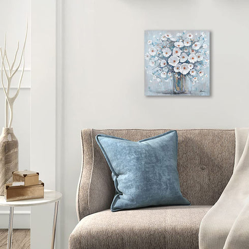 Blue Bathroom Wall Art Decor: White Flower Grey Vase Bottle Pictures For Bathroom Wall Decor Kitchen Gallery Framed Print Ready to Hang for Farmhouse Decorations 13.5x13.5inch