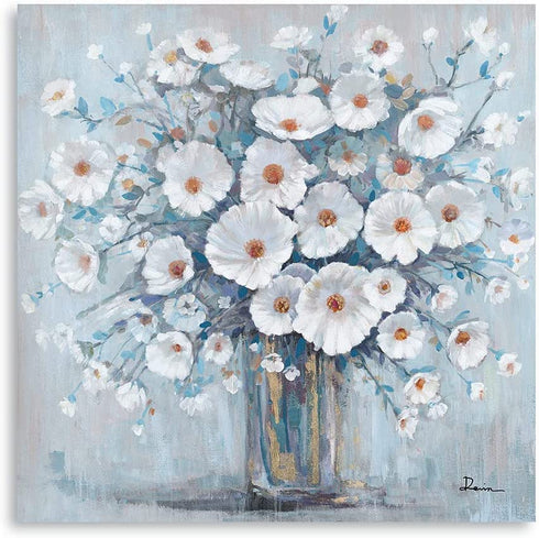 Blue Bathroom Wall Art Decor: White Flower Grey Vase Bottle Pictures For Bathroom Wall Decor Kitchen Gallery Framed Print Ready to Hang for Farmhouse Decorations 13.5x13.5inch