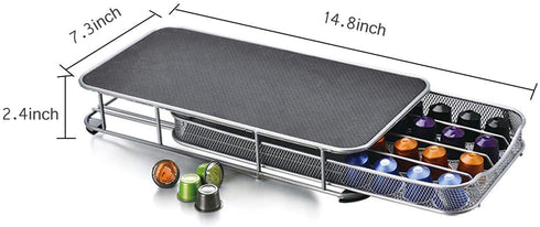Coffee Pods Holder Storage Drawer for Nespresso Capsules, 40 Coffee Capsule Organizer Stand, Metal Storage Coffee Machine Base