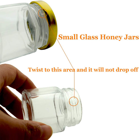 Adabocute 1.5 oz 20 pack Hexagon Mini Glass Honey Jars with Wood Dipper, Gold Lid, Bee Pendants - Perfect for Baby Shower, Wedding Favors, Party Favors