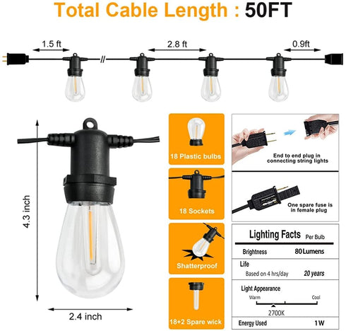 Alitade 50FT S14 LED Outdoor String Lights 18 Shatterproof Plastic Bulbs (2 Spare) for Patio,Backyard,Porch and Commercial Lighting,Warm White Light,Best for Commercial,Festival Decor,Gift