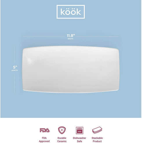 KooK Serving Trays, Rectangular Platters, Ceramic, White 11.8 in, Set of 4