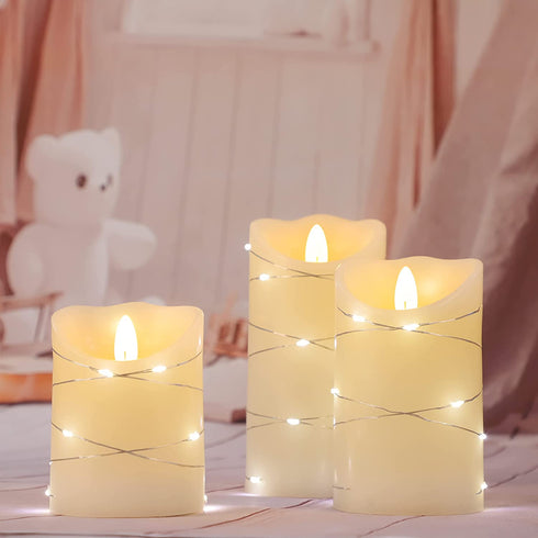 Kelon Flameless LED Pillar Candles, String Lights Embedded Flickering Candles with Remote&Timer, Real Wax Electronic Candle for Valentine's Day, Bedroom, Table Centerpiece Ornaments