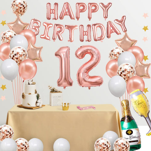 Fancypartyshop 12nd Birthday Decorations - Rose Gold Happy Birthday Banner and Sash with Number 12 Balloons Latex Confetti balloons Ideal for Girl and Women 12 Years Old Birthday Rose Gold