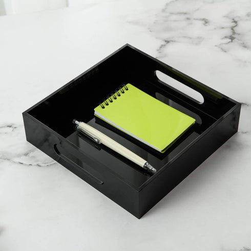 KEVLANG Black Sturdy Acrylic Tray with Handles-8x8 Inch- Countertop Organizer Tray for Kitchen,Bathroom,Office- Storage Box for Cosmetics, Jewelry,Toiletries,Toy,gadgets