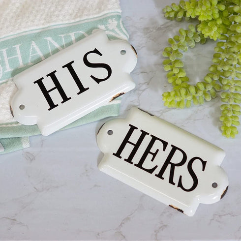 VIPSSCI His & Hers Vintage Wall Plaques White Enamel Wall Signs Bedroom Bathroom Art, Set of 2