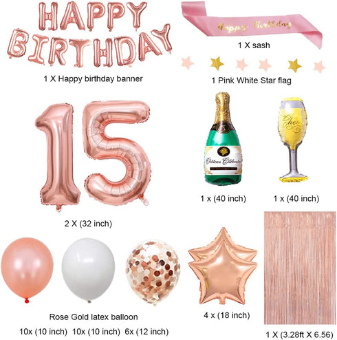 Fancypartyshop 15th Birthday Decorations - Rose Gold Happy Birthday Banner and Sash with Number 15 Balloons Latex Confetti balloons Ideal for Girl 15 Years Old Birthday Rose Gold