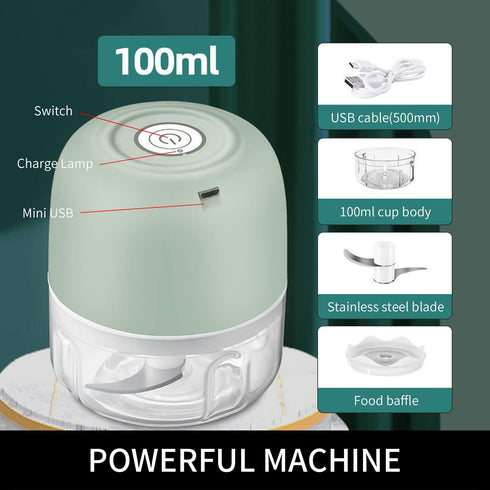 Electric Garlic Chopper USB Rechargeable Wireless Vegetable Mincer Portable Mini Baby Food Processor Onion Mincer for Vegetables/Parsley/Chili/Ginger ,(100ml) Green