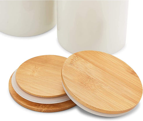 White Ceramic Kitchen Canisters with Bamboo Lids (3 Sizes, 3 Pack)