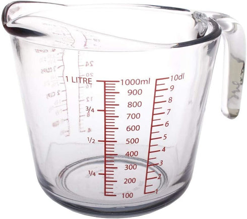 Kitchen Classics 195-91661LIB 32 Oz. Measuring Cup; Holds 32 Ounces/1 Liter; Clear Glass; Red Print; Oven, Freezer, Dishwasher and Microwave Safe; Handle and Spout for Easy Pouring