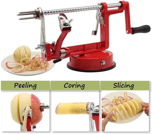 Apple Peeler, Slicer Corer Potato Peelers 3 In 1, Stainless Steel Heavy Duty Suction Cup Base And 5 Extra Blades Included As Well As Cleaning Tool (red)