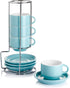 Sweese 405.402 Porcelain Stackable Espresso Cups with Saucers and Metal Stand - 4 Ounce - Set of 4,Turquoise