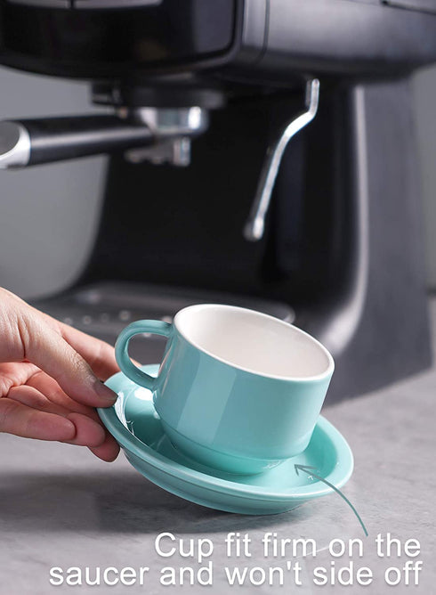 Sweese 405.402 Porcelain Stackable Espresso Cups with Saucers and Metal Stand - 4 Ounce - Set of 4,Turquoise