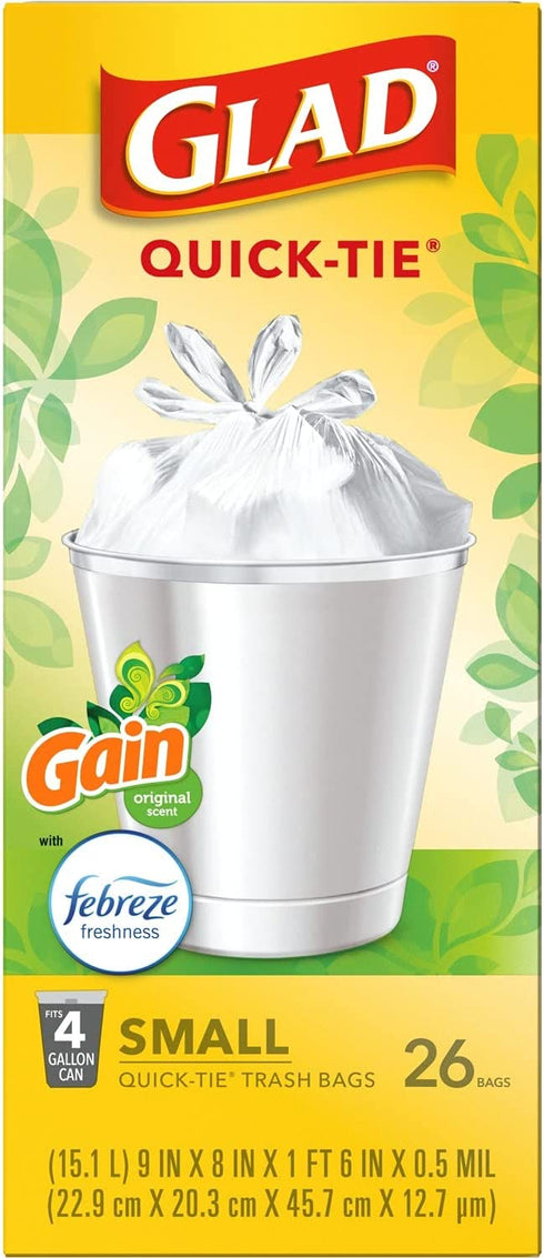Glad Trash & Food Storage OdorShield Small Trash Bags, Gain Original & Febreze, 4 Gal, 26 Ct - Pack of 6 (Package May Vary) (COMINHKG128835)