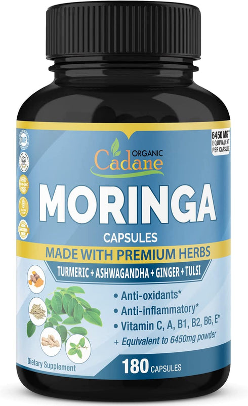 Organic Moringa Extract Capsules equivalent to 6450mg, 6 Months Supply & Ashwagandha, Tulsi, Ginger, Turmeric| Energy Booster, Immune Support| Multi Vitamin Oleifera Leaf|Antioxidant Inflammatory Herb