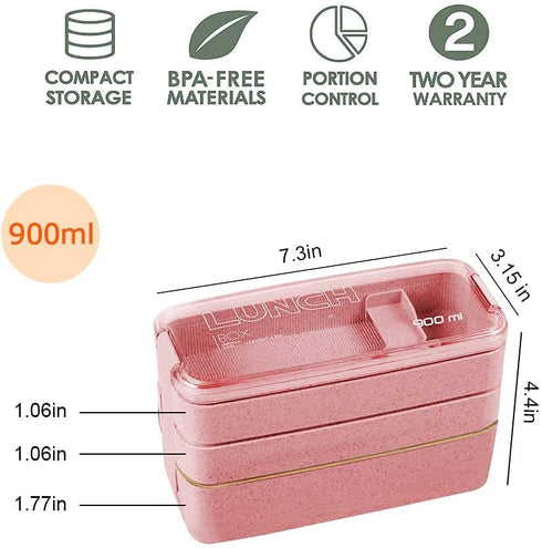 Iteryn Lunch Box Bento Box,3-In-1 Compartment - Wheat Straw, Leakproof Eco-Friendly Bento Lunch Box Meal Prep Containers for Kids & Adults (Beige&Pink)