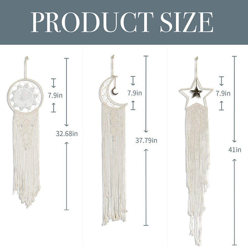 MIPON 3Pcs Macrame Dream Catcher, Handmade Woven Boho Tapestry, Chic Bohemian Home Decor Wall Hanging Sun & Moon & Star Decoration Craft Gift