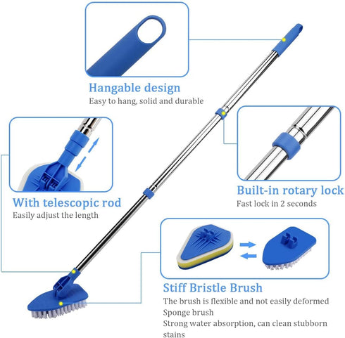 Long Handle Cleaning Brush, Globalstore 2 in 1 Scrub Brush Shower Scrubber for Cleaning, 37? Scrubbing Brush Bathtub Scrubber for Shower Floor Bathroom Wall Glass, 1 Stiff Bristle Brush 3 Sponge Brush