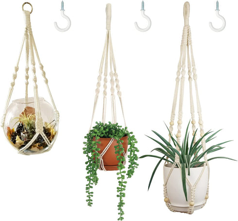 Bouqlife Macrame Plant Hangers no Tassel Set of 3 Indoor Boho Hanging Planter Holder with Hooks 34" / 22" / 20"