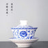 Chinese Porcelain Teacups 10oz Gaiwan Peony Lotus Flower Tureen Tradition Sancai Cover Bowl Lip Cup Saucer Tea Set (Blue lotus)