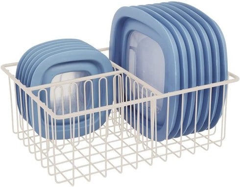 mDesign Metal Kitchen Food Storage Container Lid Holder, 3-Compartment Organizer Bin for Organization in Kitchen Cabinets, Cupboards, Pantry Shelves, Drawers - 2 Pack - Cream/Beige