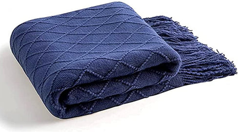Inhand Knitted Throw Blankets for Couch and Bed, Soft Cozy Knit Blanket with Tassel, Navy Blue Lightweight Decorative Blankets and Throws, Farmhouse Warm Woven Blanket for Men and Women, 50"x60"