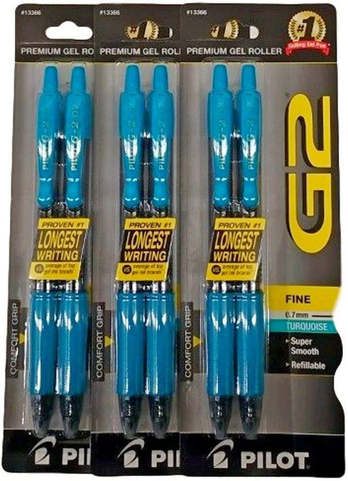 (3) Pilot G2 Turquoise Pens with Turquoise Ink, Retractable Gel Ink Rolling Ball, 0.7 mm, Fine Point, 2-Pack (13366)