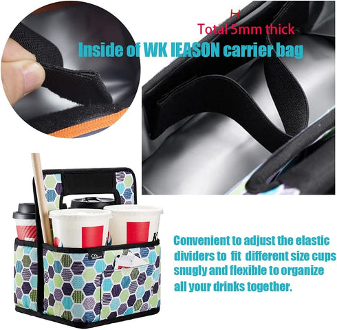 Drink Carrier Reusable Coffee Cup Carrier Bag Water Beer Bottle Holder Bag in Car Padded Beverage Holder Bag with Adjustable Dividers Fits 16-24OZ Coffee Cups Take Out (Green Geometric)