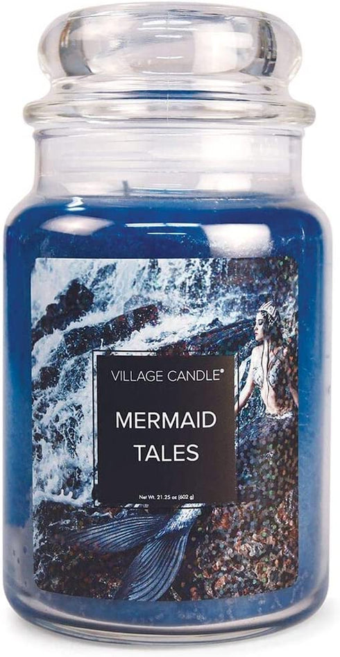 Village Candle Mermaid Tales Large Glass Apothecary Jar Scented Candle, 21.25 oz, Blue