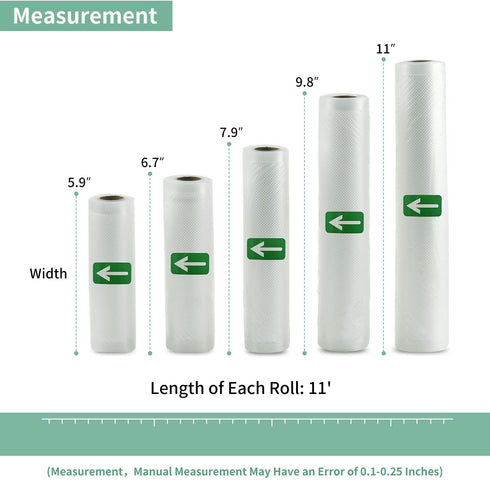 Mozing Vacuum Sealer Bags, Commercial Grade Food Seal Bag Rolls, Meal Saver Bags for Storage or Sous Vide, 5 Pack 1 Roll 5.9" x 11', 1 Roll 6.7" x 11', 1 Roll 7.9" x 11', 1 Roll 9.8" x 11' and 1 Roll 11" x 11' (5 Rolls)