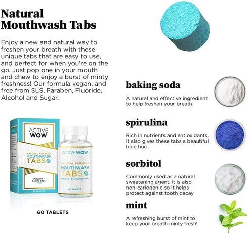 Mouthwash Tabs with Baking Soda, Mint & Spirulina - Natural Chewable Breath Freshening Tablets - Fluoride-Free, Alcohol-Free, Vegan, and Sugar-Free (1 Pack)