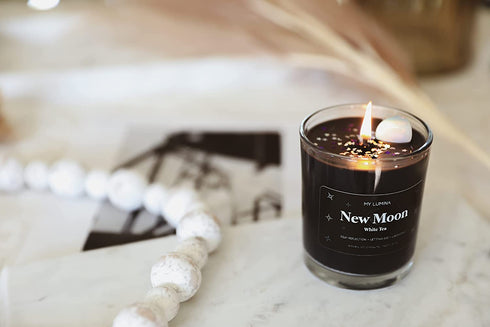 My Lumina New Moon Aromatherapy Candle w/ Moonstone Crystal Inside -Natural Stone Healing Energy, Stress Relief, Relaxing & Balance- Soy Wax Scented Candle Home - Gift for New Beginnings - Night Black