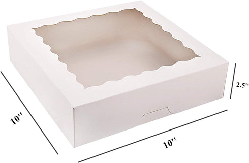 Tcoivs 20-Pack Pie Boxes 10" x 10" x 2.5", Cookie Boxes, Bakery Boxes with Window for Muffins, Donuts and Pastries (White)