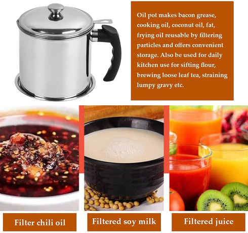 OFNMY Bacon Grease Container with Fine Mesh Strainer - 1.3L/5.2 Cups Stainless Steel Oil Storage Pot Grease Can with Removable Dustproof Lid and Coaster Tray - Oil Pot for Storing Fat, Frying Oil