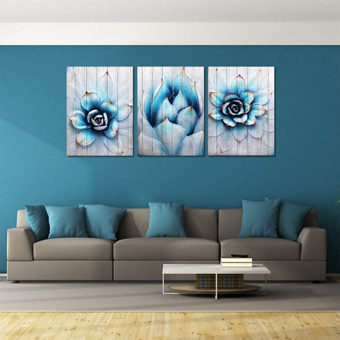 Canvas Wall Art for living room family bedroom Wall Decor modern wall decorations for kitchen Canvas art cactus blue flowers wall pictures Artwork 12" x 16" 3 Piece bathroom Home Decoration painting
