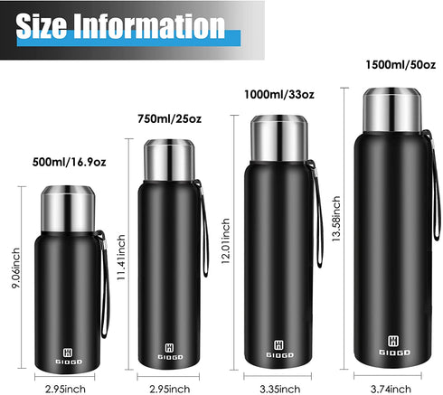 Insulated vacuum Thermo Bottle 25oz with cup lid Leakproof stainless water flask for coffee hot and cold drink.(Black,750ml)