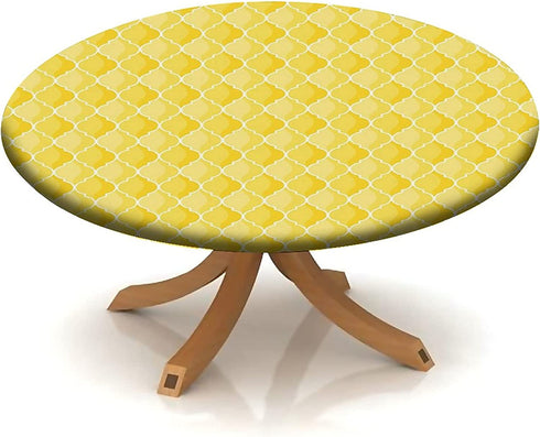 Yellow Oval Geometric Pattern Elastic Edge Table Cover Round, Moroccan Style Fitted Tablecloth, Washable Polyester Table Cloths, Outdoor Patio Picnic Party Dining Tables Decor, Fits Tables 28" to 32"