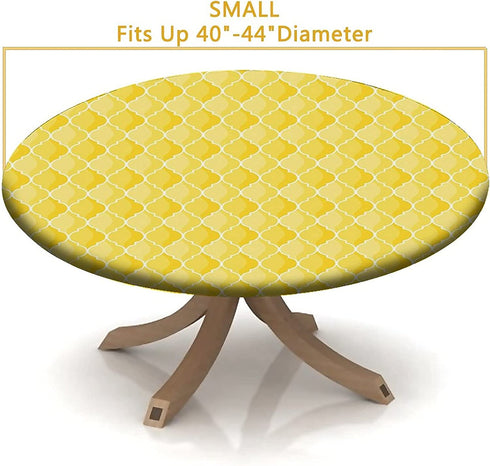 Yellow Oval Geometric Pattern Elastic Edge Table Cover Round, Moroccan Style Fitted Tablecloth, Washable Polyester Table Cloths, Outdoor Patio Picnic Party Dining Tables Decor, Fits Tables 28" to 32"