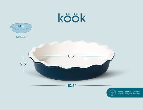 Pie Dish, by Kook, Round Pie Pan/Plate, Deep Dish, Ruffled Wave Edge, for Kitchen Cooking/Baking Dessert Dinner, 10-Inch Ceramic make, 42oz (Navy)