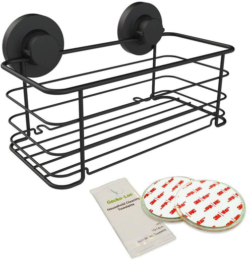 Gecko-Loc ?? Super Suction Cup Shower Caddy Bath Wall Shelf, Large Deep Bathroom Shampoo, Conditioner and Bath Gel Caddy Organizer - Kitchen Storage Basket - Rustproof Stainless Steel Black Finish